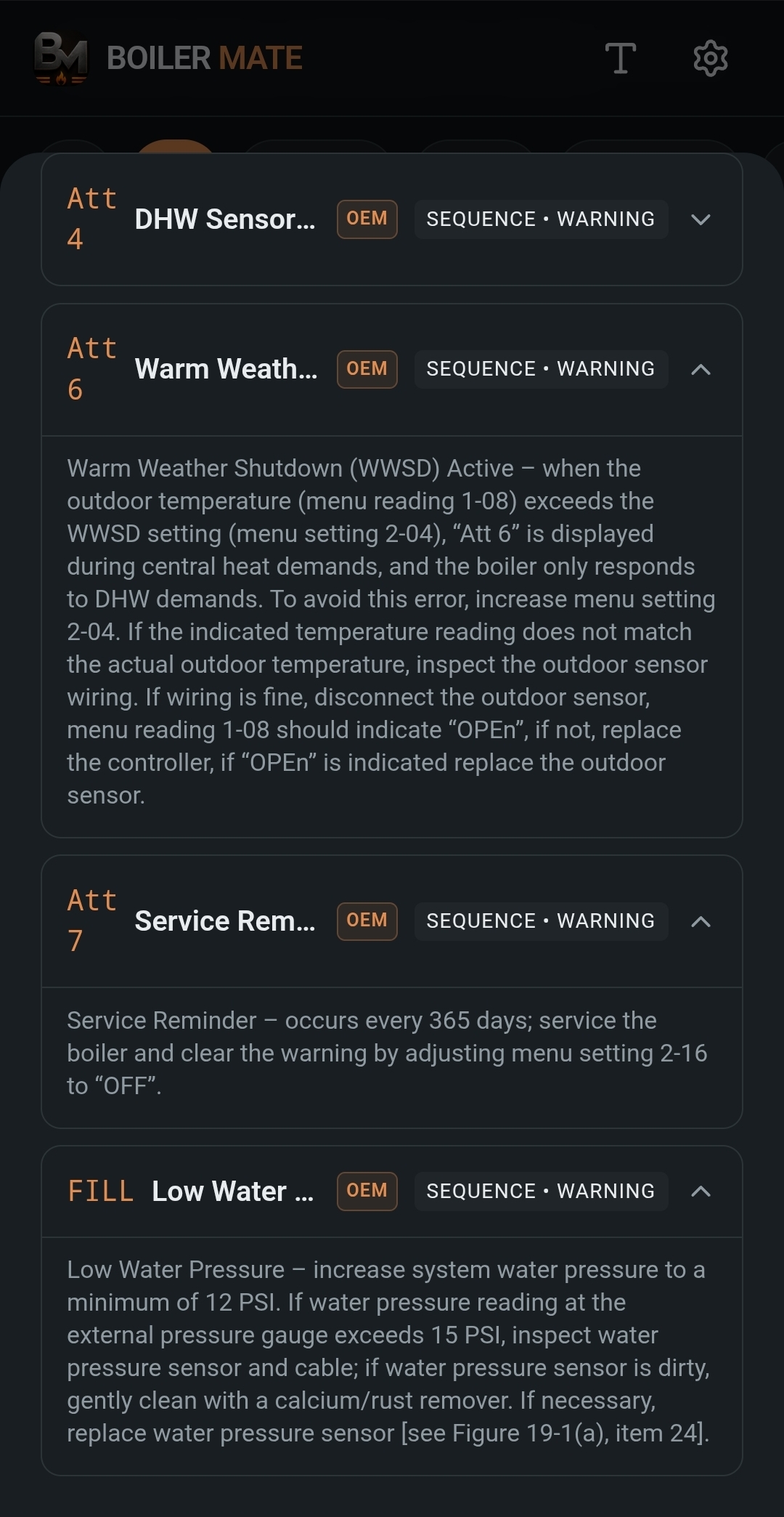 BoilerMate Fault Code 2 screen